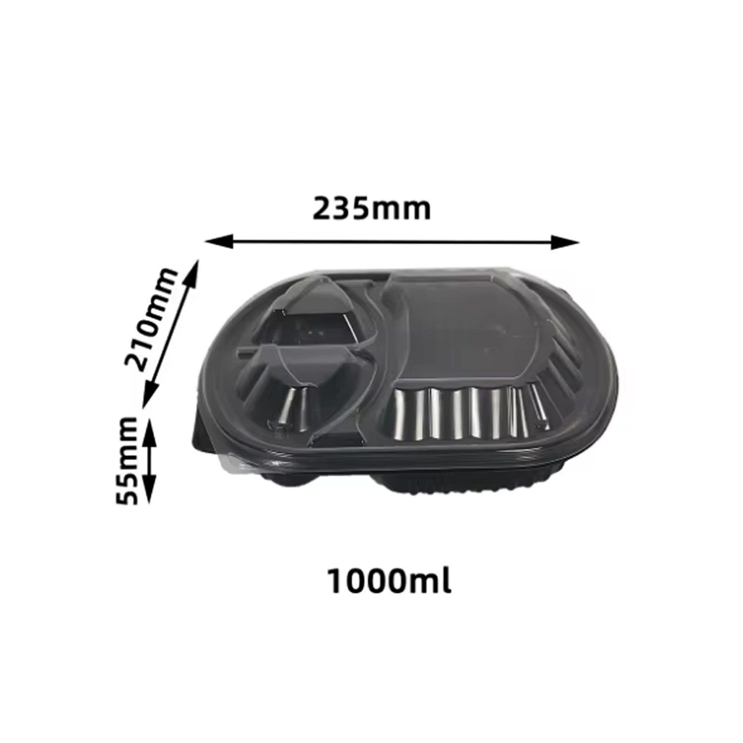 3-Compartment Disposable Plastic Food Container Box - 1000ml - 23.5 x 21 x 5.5 cm
