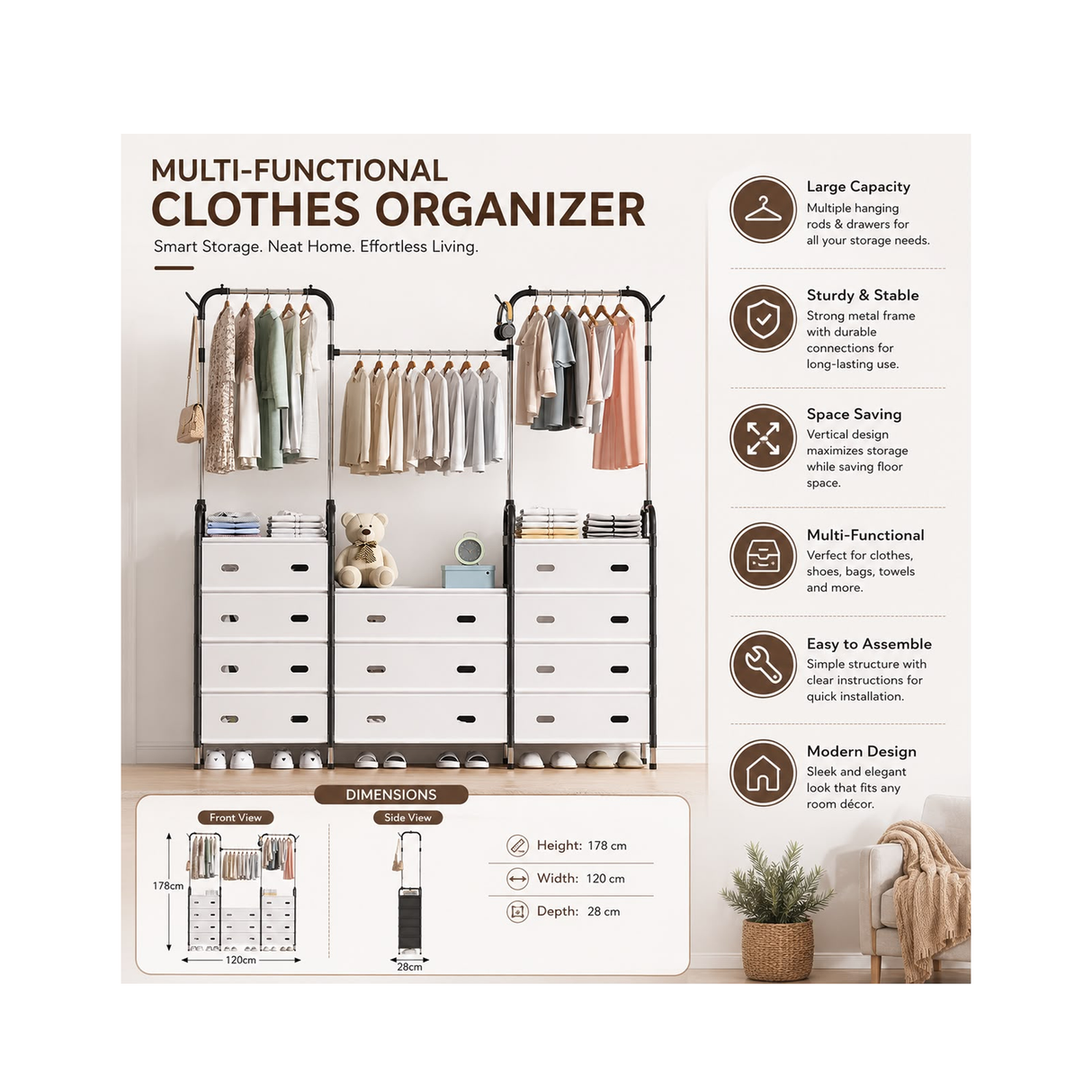 3-Tier Clothes Storage & Garment Rack With Drawers