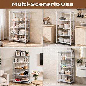 5-Tier Multipurpose Foldable Kitchen Storage Rack with Wheels - White