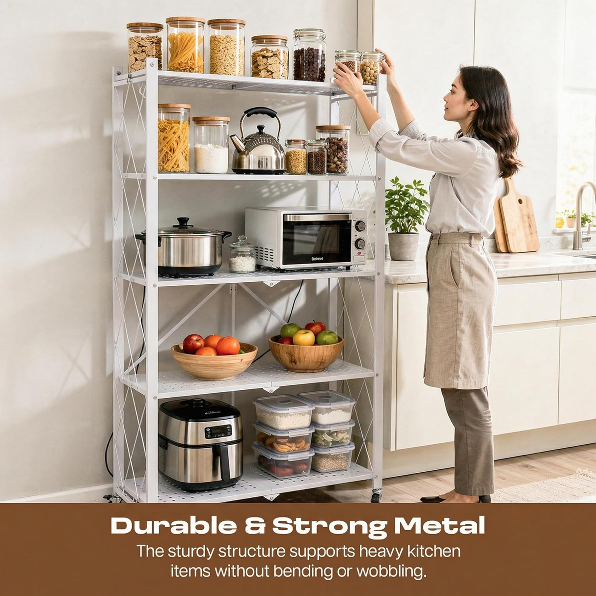 5-Tier Multipurpose Foldable Kitchen Storage Rack with Wheels - White