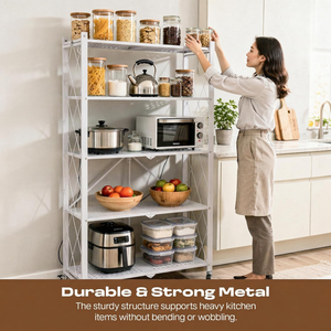 5-Tier Multipurpose Foldable Kitchen Storage Rack with Wheels - White