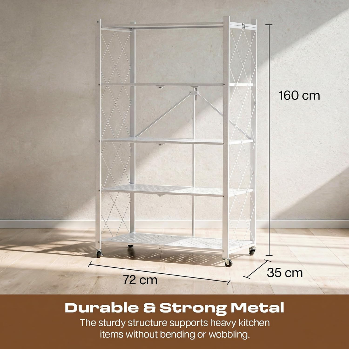 5-Tier Multipurpose Foldable Kitchen Storage Rack with Wheels - White