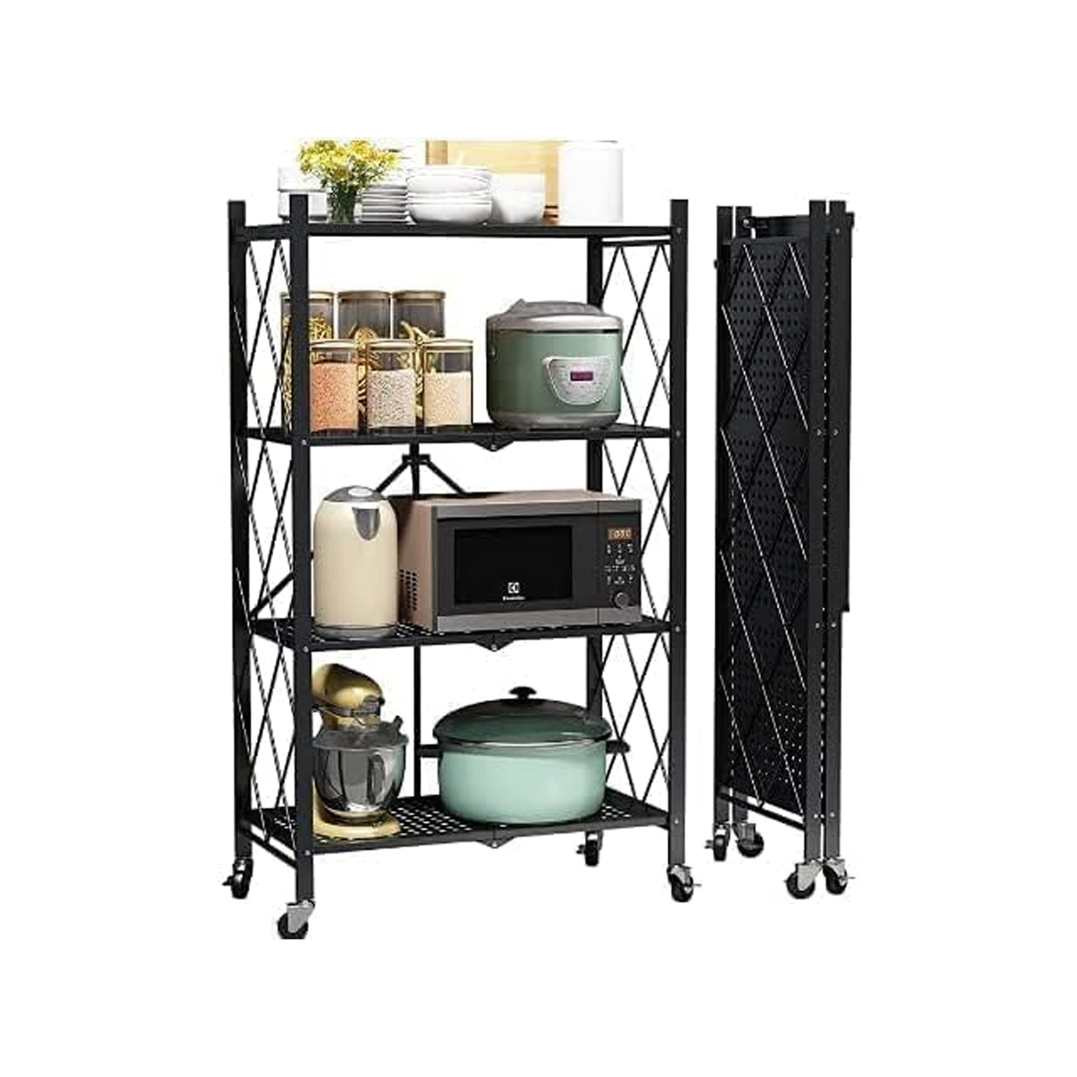 4-Tier Multipurpose Foldable Kitchen Storage Rack with Wheels - Black