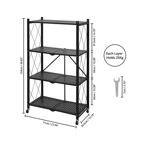 4-Tier Multipurpose Foldable Kitchen Storage Rack with Wheels - Black
