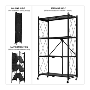 4-Tier Multipurpose Foldable Kitchen Storage Rack with Wheels - Black