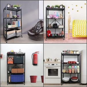4-Tier Multipurpose Foldable Kitchen Storage Rack with Wheels - Black