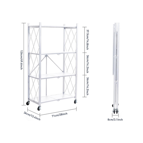 4-Tier Multipurpose Foldable Kitchen Storage Rack with Wheels - White