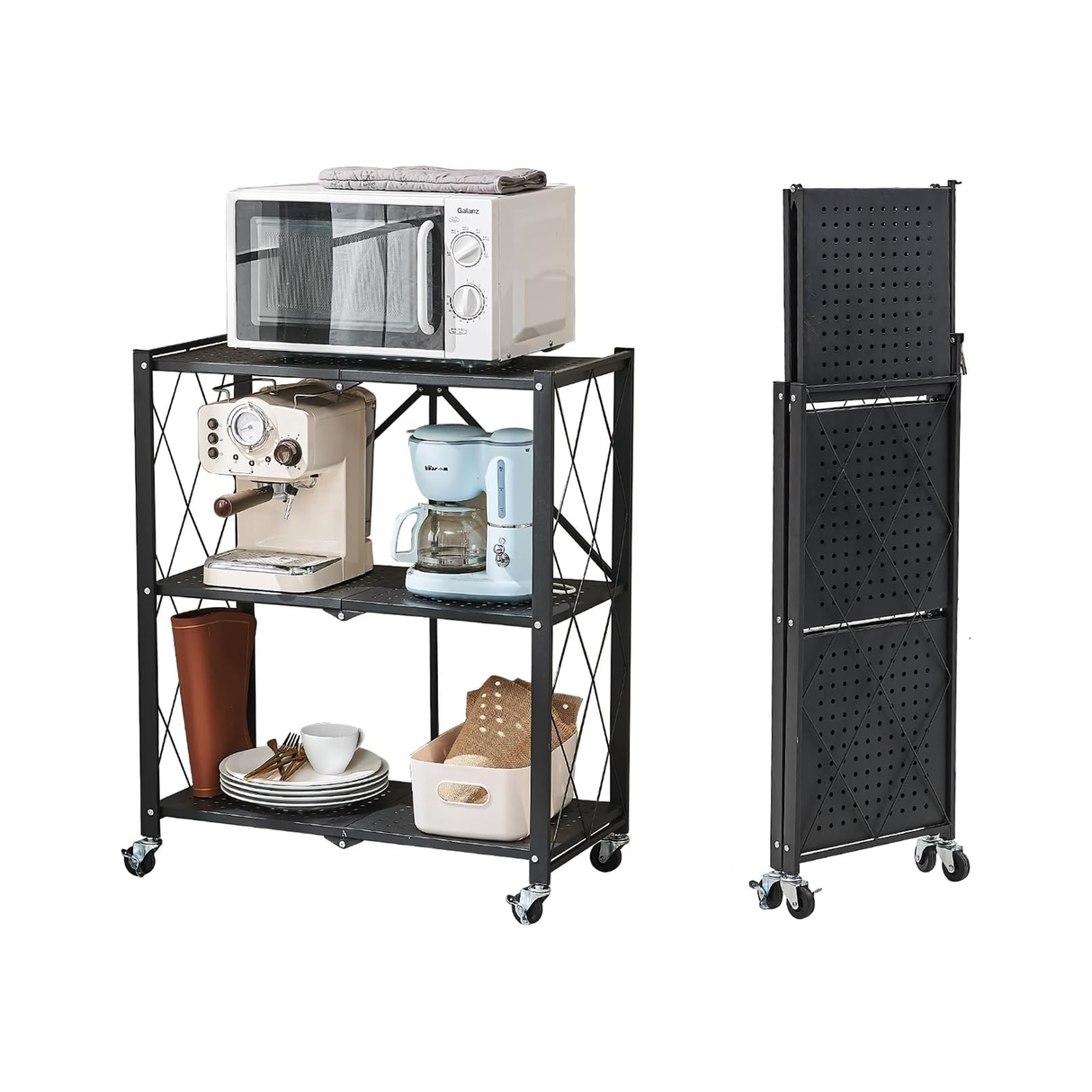 3-Tier Multipurpose Foldable Kitchen Storage Rack with Wheels - Black