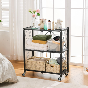 3-Tier Multipurpose Foldable Kitchen Storage Rack with Wheels - Black