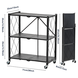 3-Tier Multipurpose Foldable Kitchen Storage Rack with Wheels - Black