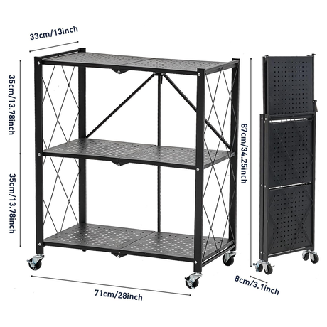 3-Tier Multipurpose Foldable Kitchen Storage Rack with Wheels - Black