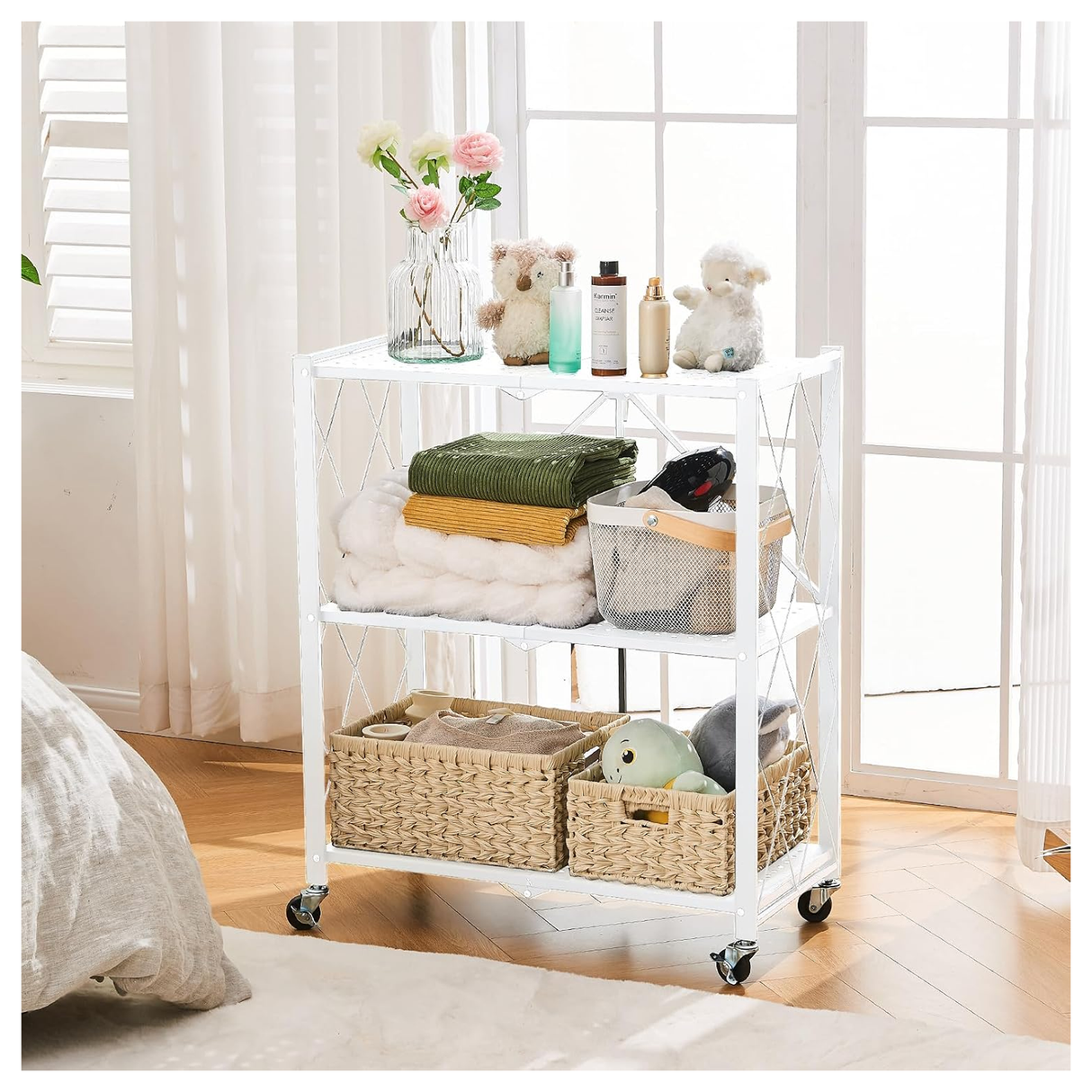 3-Tier Multipurpose Foldable Kitchen Storage Rack with Wheels - White