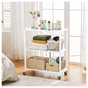 3-Tier Multipurpose Foldable Kitchen Storage Rack with Wheels - White
