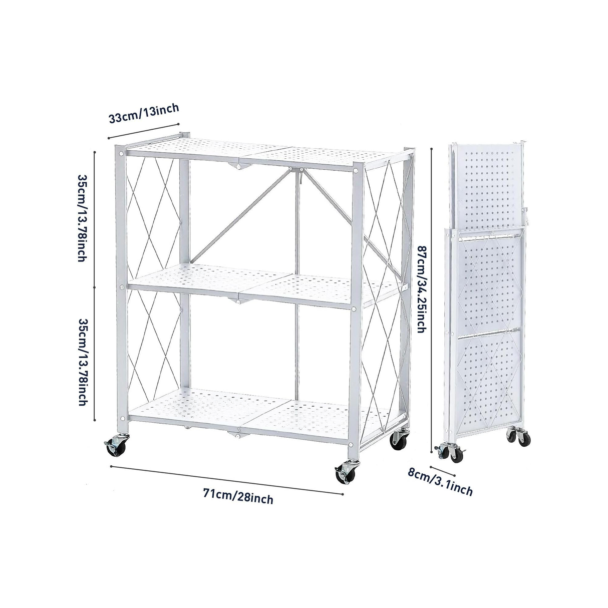 3-Tier Multipurpose Foldable Kitchen Storage Rack with Wheels - White