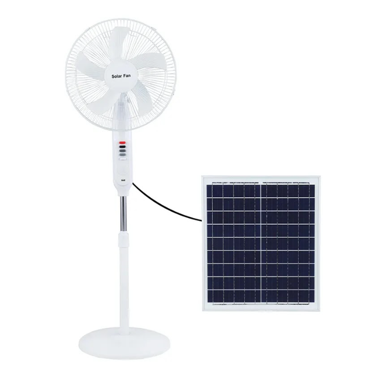 3-in-1 Rechargeable Solar Standing Fan – 16 Inch | Adjustable Height, LED Light, Speed Control & USB Charging Port