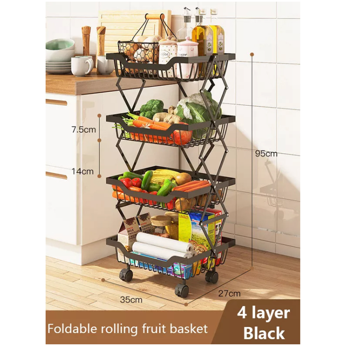 4 Layer Adjustable Foldable Movable Storage Rack for Kitchen Use