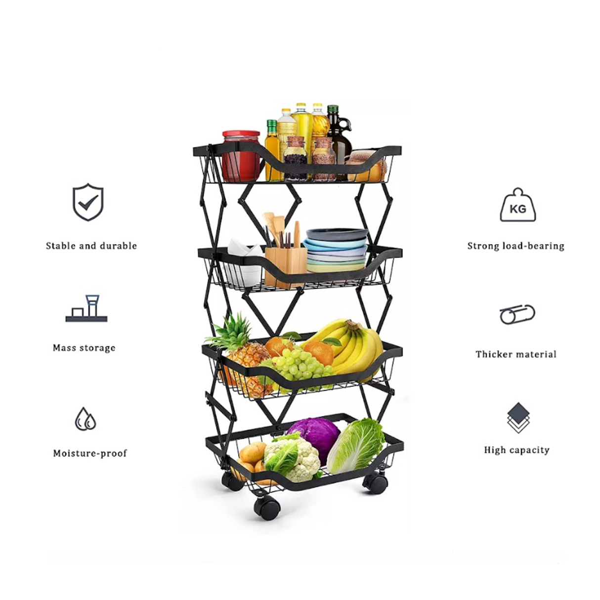 4 Layer Adjustable Foldable Movable Storage Rack for Kitchen Use