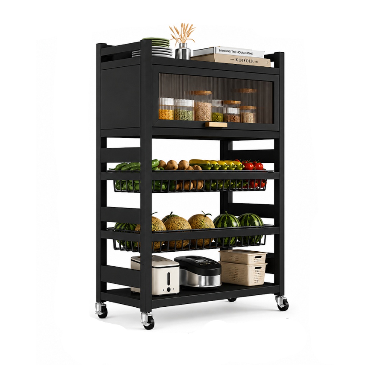 3 Layer+ Cabinet Multifunctional Kitchen Storage Shelf Rack with Detachable Mesh Baskets & Universal Wheels - 125 x 80 x 32 CM