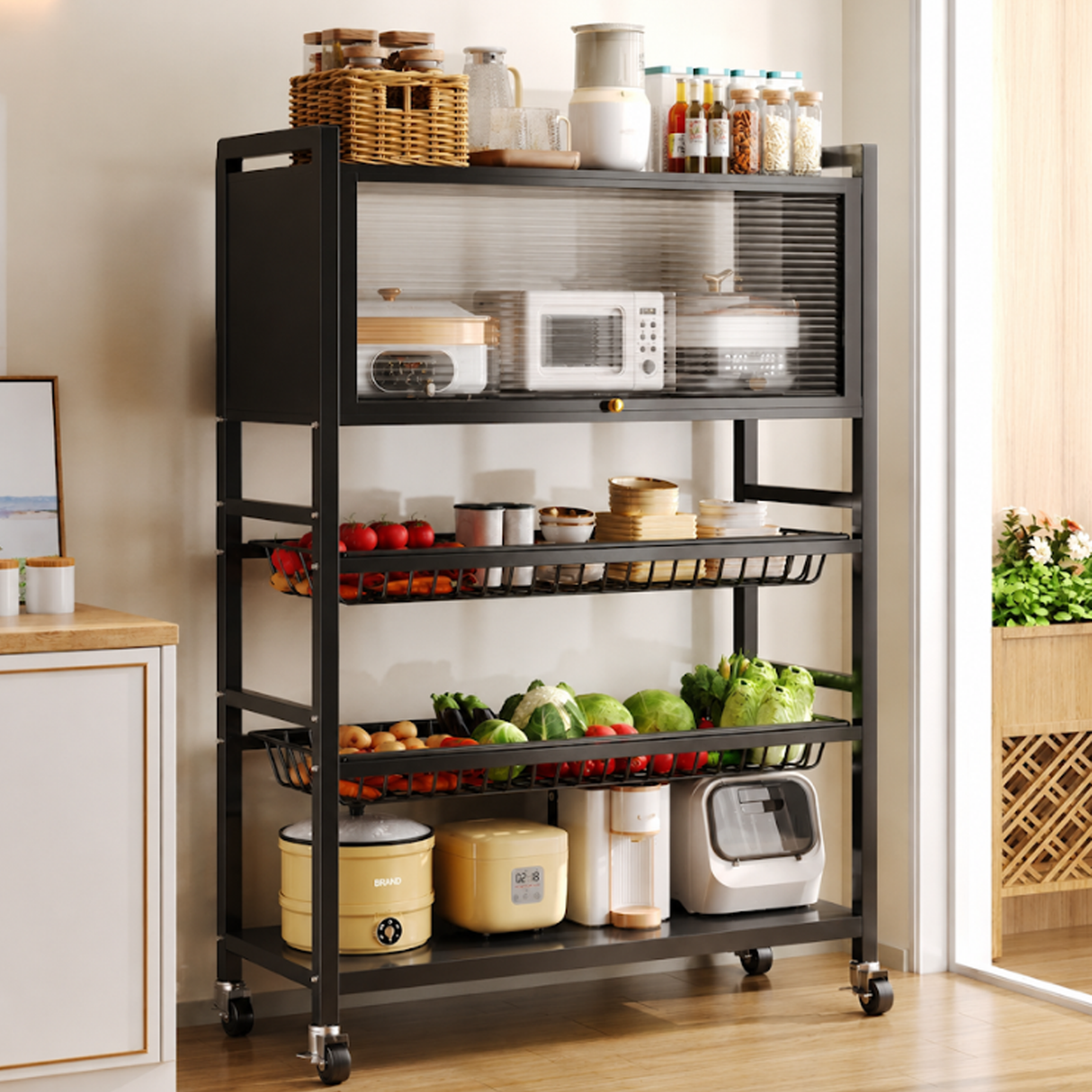 3 Layer+ Cabinet Multifunctional Kitchen Storage Shelf Rack with Detachable Mesh Baskets & Universal Wheels - 125 x 80 x 32 CM