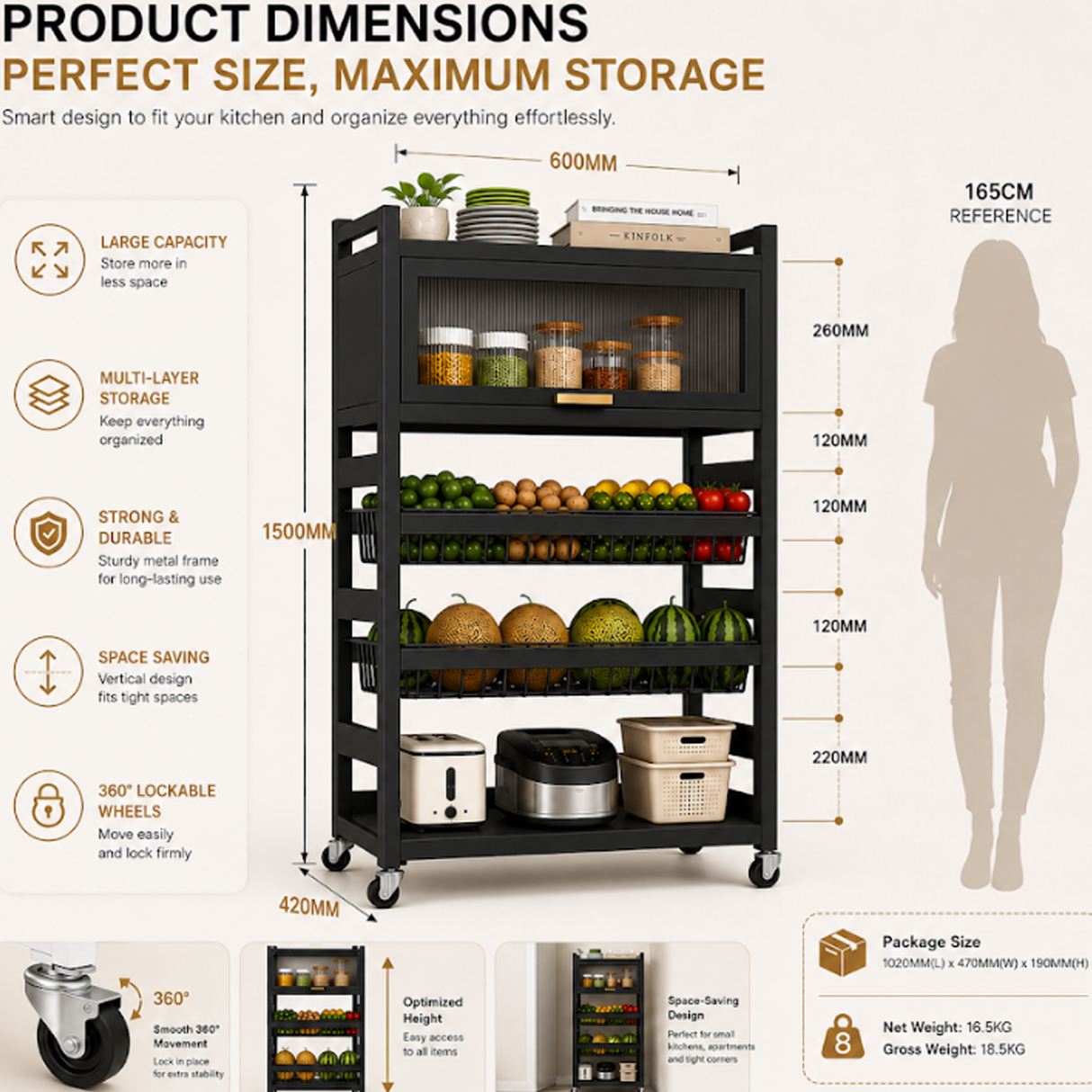 3 Layer+ Cabinet Multifunctional Kitchen Storage Shelf Rack with Detachable Mesh Baskets & Universal Wheels - 125 x 80 x 32 CM
