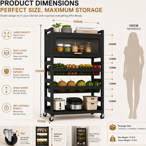 3 Layer+ Cabinet Multifunctional Kitchen Storage Shelf Rack with Detachable Mesh Baskets & Universal Wheels - 125 x 80 x 32 CM