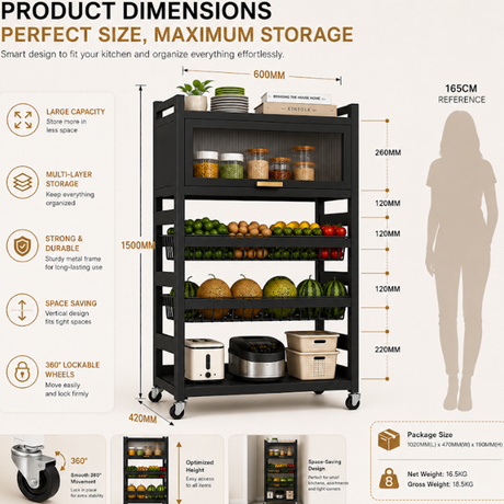 3 Layer+ Cabinet Multifunctional Kitchen Storage Shelf Rack with Detachable Mesh Baskets & Universal Wheels - 125 x 80 x 32 CM