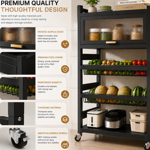 3 Layer+ Cabinet Multifunctional Kitchen Storage Shelf Rack with Detachable Mesh Baskets & Universal Wheels - 125 x 80 x 32 CM