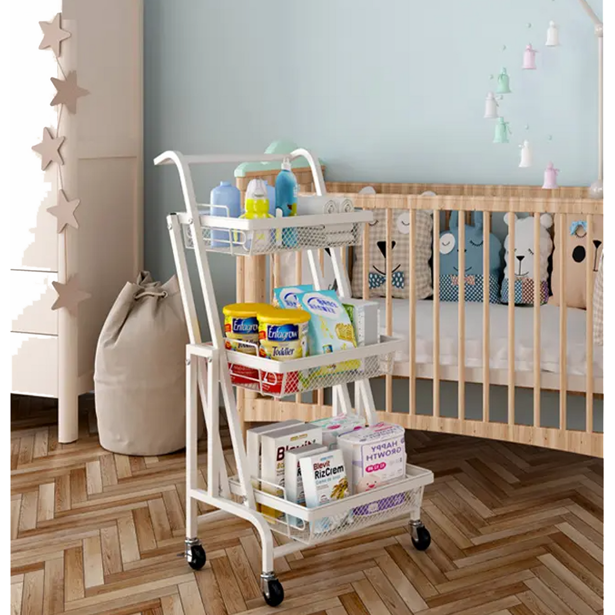 عربة تنظيم أدوات المطبخ المعدنية القابلة للتعديل والطي بثلاث طبقات مع عجلات - أبيض