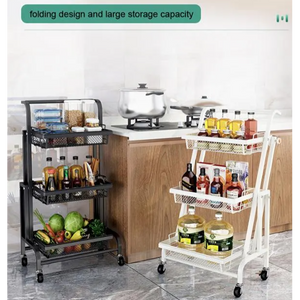 عربة تنظيم أدوات المطبخ المعدنية القابلة للتعديل والطي بثلاث طبقات مع عجلات - أبيض