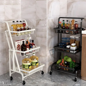 عربة تنظيم أدوات المطبخ المعدنية القابلة للتعديل والطي بثلاث طبقات مع عجلات - أبيض