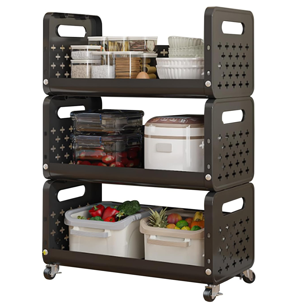 رف تخزين متعدد الاستخدامات بعجلات، ثلاث طبقات، للأطعمة، الخضروات، الوجبات الخفيفة، أدوات التجميل، ولوازم الحمام – اسود