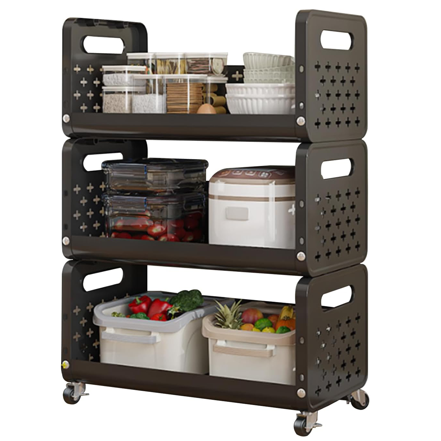 رف تخزين متعدد الاستخدامات بعجلات، ثلاث طبقات، للأطعمة، الخضروات، الوجبات الخفيفة، أدوات التجميل، ولوازم الحمام – اسود