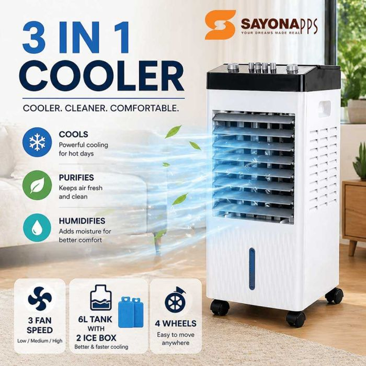 Sayona 3 in 1 Portable Air Cooler 6L - 60W