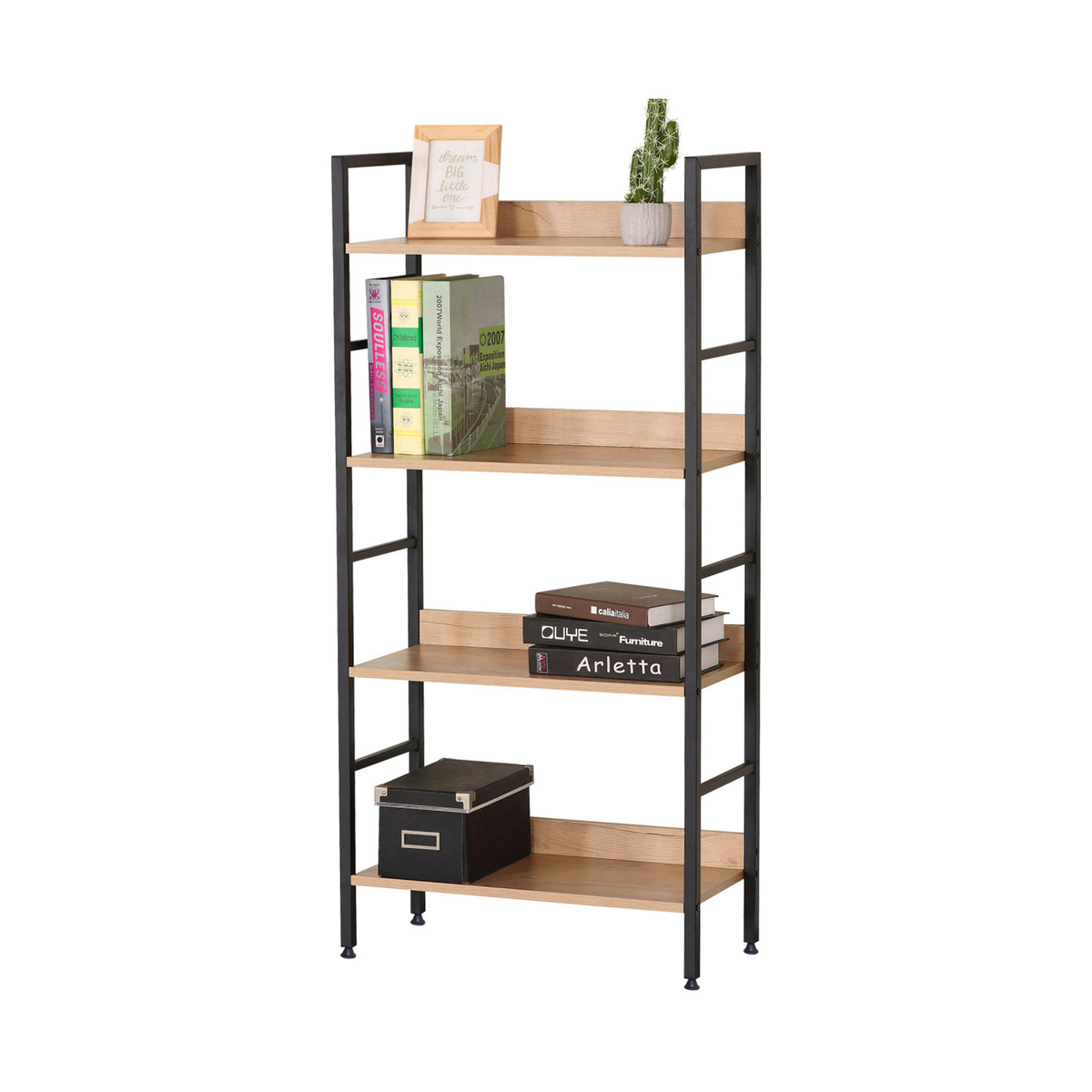 4-Tier Metal & MDF Shelf – 60 × 28 × 126 cm Storage Rack - Black and Wood
