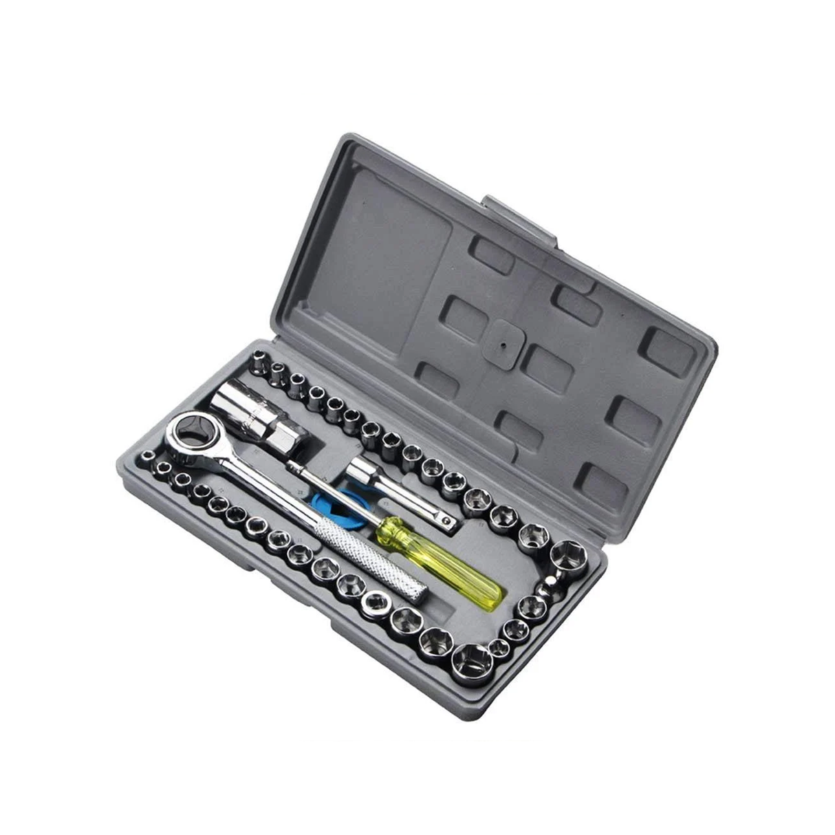 طقم أدوات مكون من 40 قطعة يحتوي على مفتاح ربط ومجموعة مفكات ورؤوس