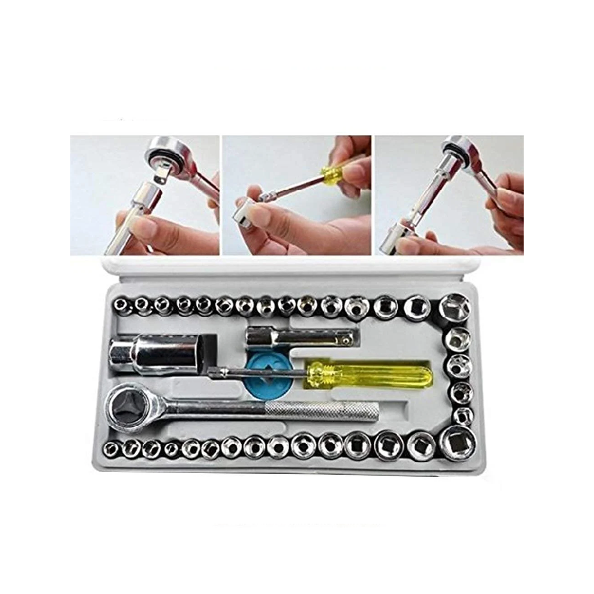 طقم أدوات مكون من 40 قطعة يحتوي على مفتاح ربط ومجموعة مفكات ورؤوس