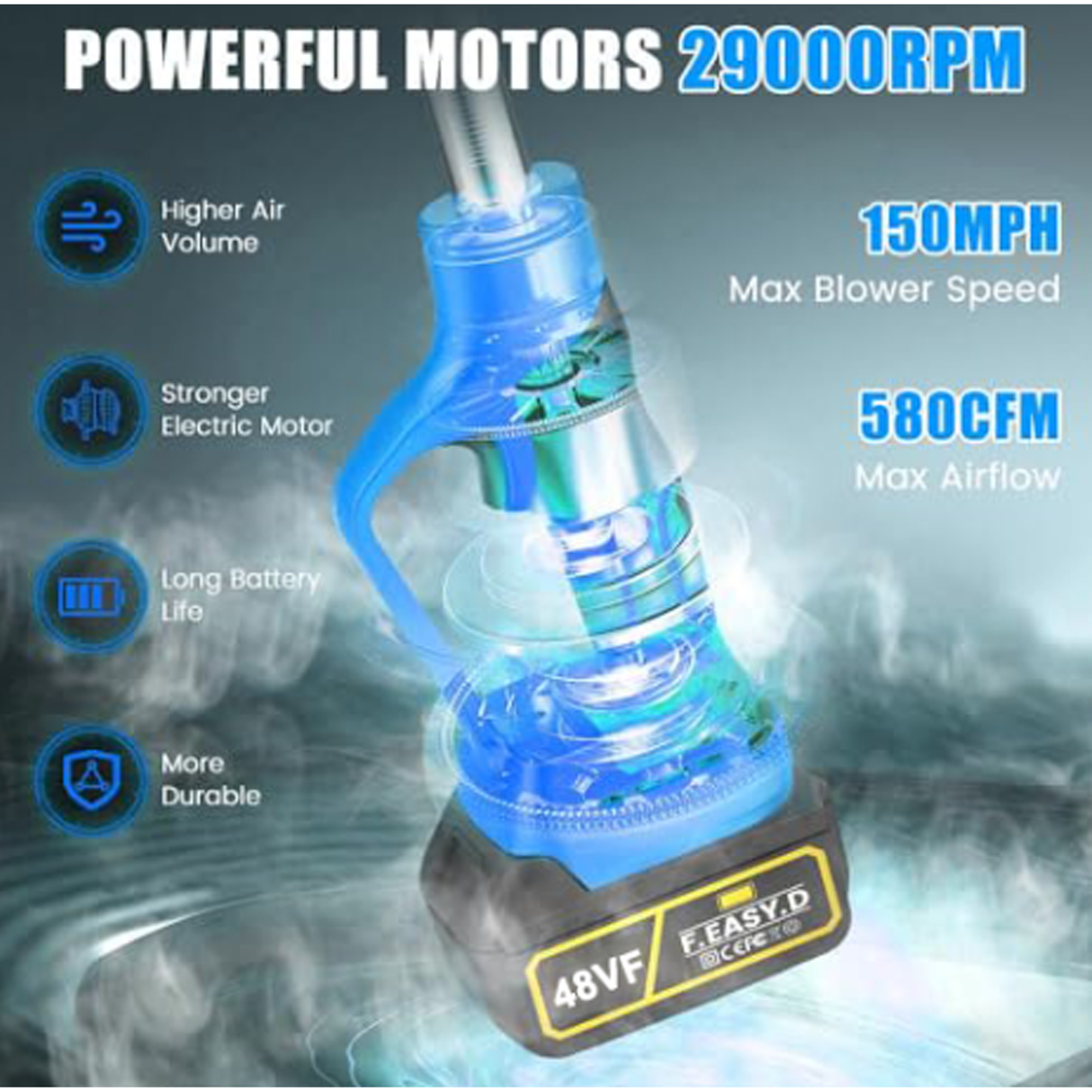 48VF Cordless Handheld Blower with Telescopic Extension Pole - 29000RPM Motor, Double 3000mAh Batteries, Eyes Protection Goggles, Stepless Speed Control & Multi-Task Cleaning for Outdoor & Indoor Use