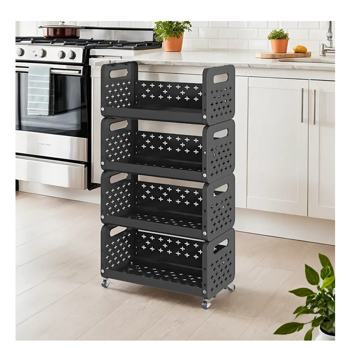 رف تخزين متعدد الاستخدامات بعجلات، اربع طبقات، للأطعمة، الخضروات، الوجبات الخفيفة، أدوات التجميل، ولوازم الحمام – اسود