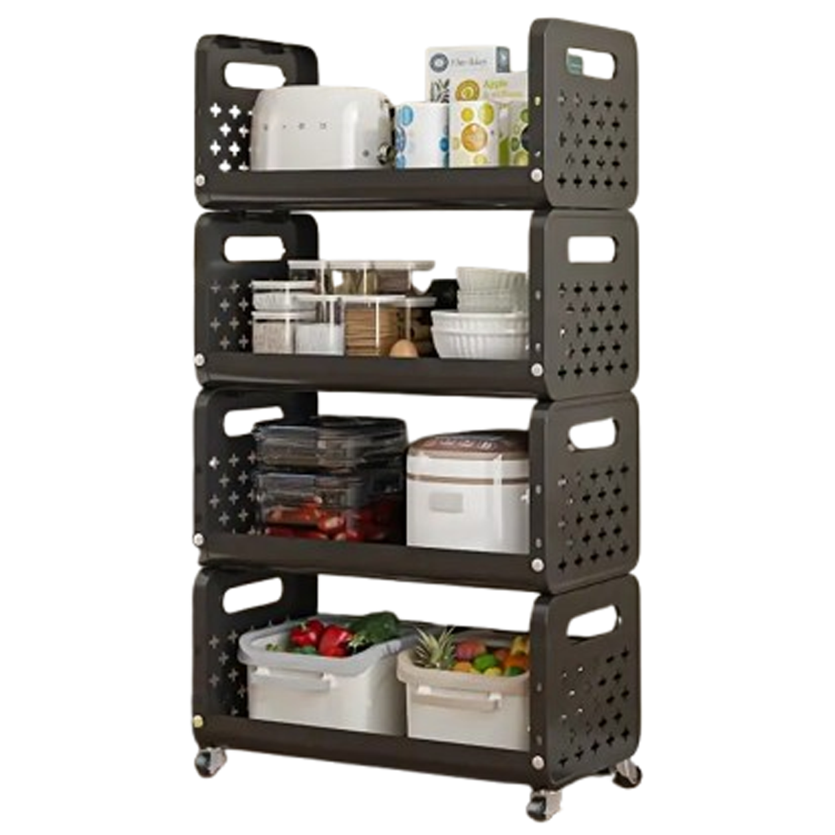 رف تخزين متعدد الاستخدامات بعجلات، اربع طبقات، للأطعمة، الخضروات، الوجبات الخفيفة، أدوات التجميل، ولوازم الحمام – اسود