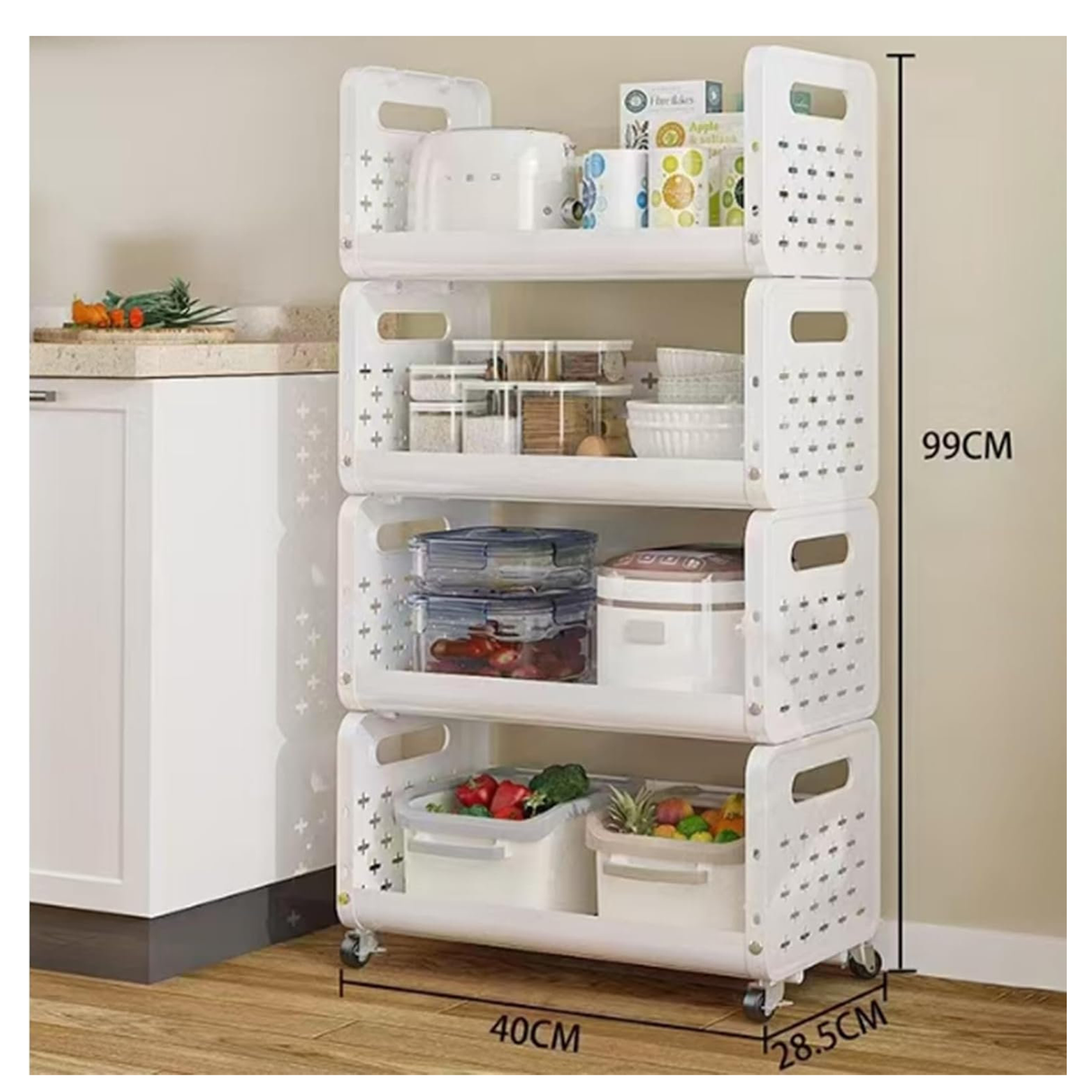 رف تخزين متعدد الاستخدامات بعجلات، اربع طبقات، للأطعمة، الخضروات، الوجبات الخفيفة، أدوات التجميل، ولوازم الحمام – ابيض