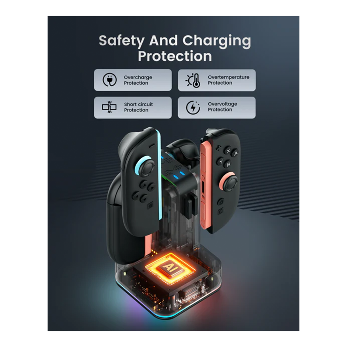 Transnovo 4 in 1 Square RGB Charging Dock for Nintendo Switch Joy-Con with 8 Game Card Slots