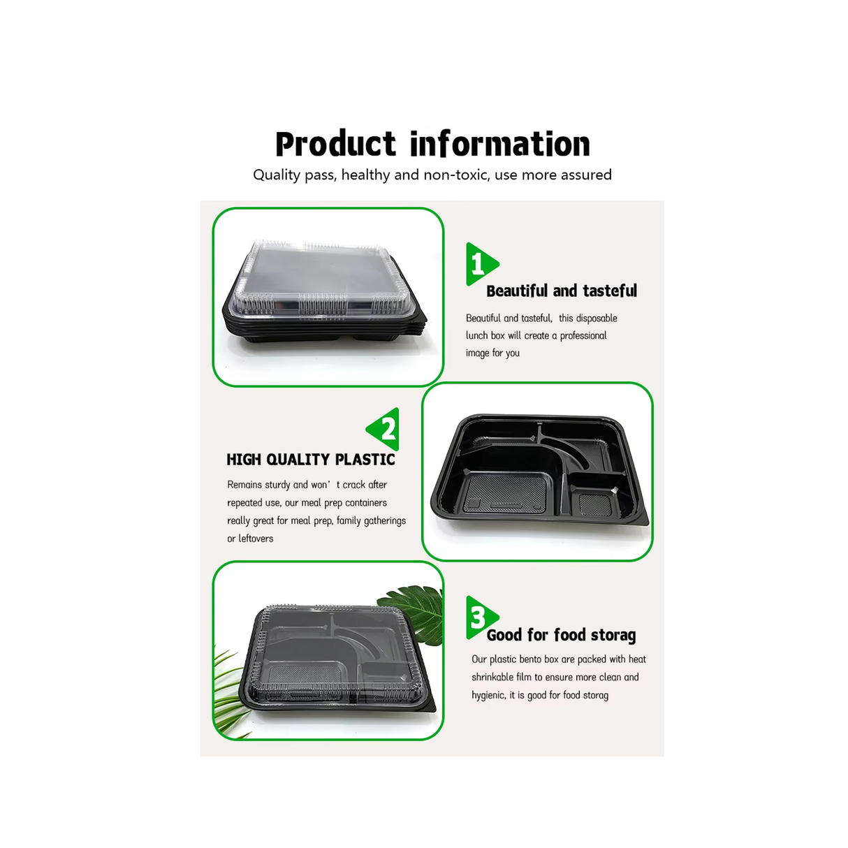 5-Compartment Disposable Plastic Food Container with Lid - 26.5 x 20.5 x 5 cm