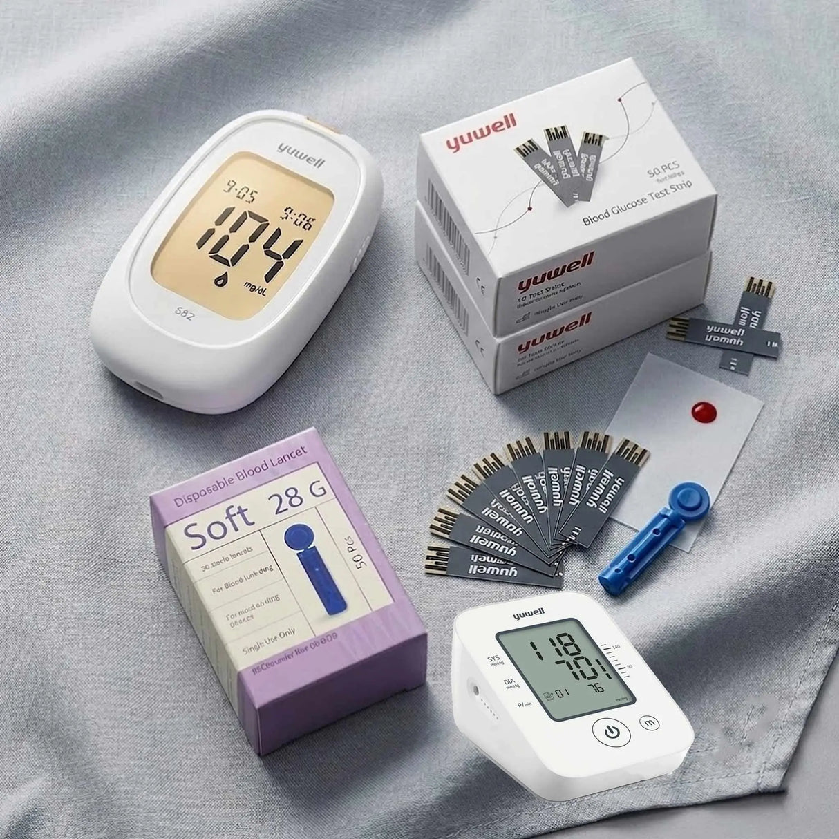 Blood Glucose Monitor 582 With Test Strips Y330 (GOD) . Lancets 28G and Upper Arm Blood Pressure Monitor YE610D