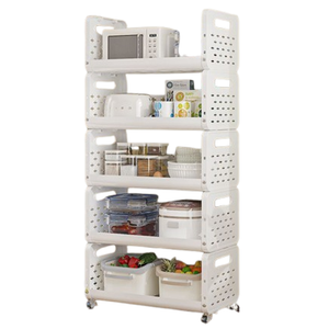 رف تخزين متعدد الاستخدامات بعجلات، 5 طبقات، للأطعمة، الخضروات، الوجبات الخفيفة، أدوات التجميل، ولوازم الحمام – أبيض