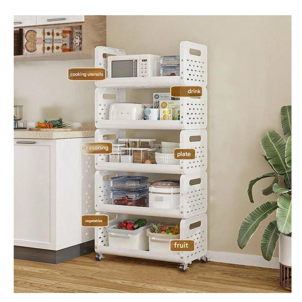 رف تخزين متعدد الاستخدامات بعجلات، 5 طبقات، للأطعمة، الخضروات، الوجبات الخفيفة، أدوات التجميل، ولوازم الحمام – أبيض