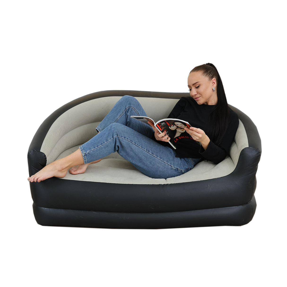 كرسي أريكة هوائي محمول قابل للنفخ بسطح مبطن، ودعم مريح للظهر، وقاعدة مانعة للانزلاق - سعة 137 كجم، أبعاد 101.6 سم × 91.4 سم × 121.6 سم - بني