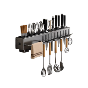60 CM Wall-Mounted Kitchen Storage Rack With 10 Hooks – Carbon Steel Multifunction Organizer