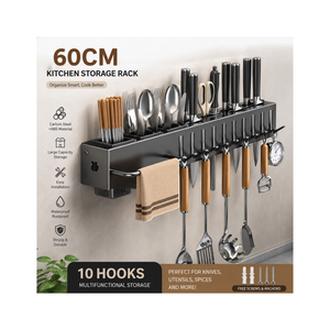 60 CM Wall-Mounted Kitchen Storage Rack With 10 Hooks – Carbon Steel Multifunction Organizer