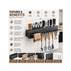 60 CM Wall-Mounted Kitchen Storage Rack With 10 Hooks – Carbon Steel Multifunction Organizer