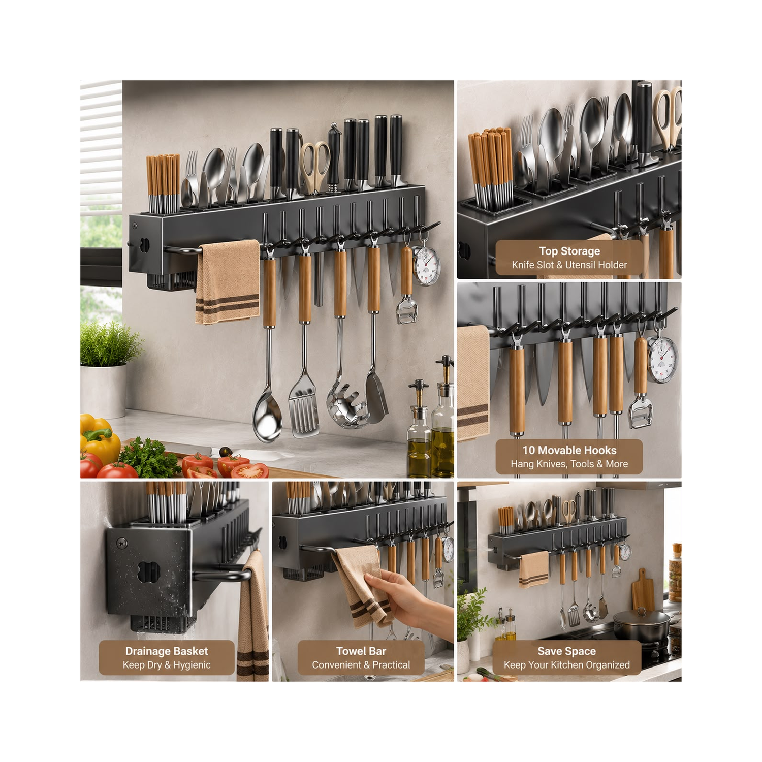 60 CM Wall-Mounted Kitchen Storage Rack With 10 Hooks – Carbon Steel Multifunction Organizer